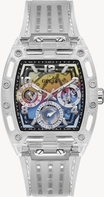 Guess Męska tarcza w kształcie feniksa (41,5 mm) z tęczową tarczą i przezroczystym silikonowym paskiem GW0499G3
