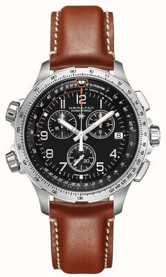 Hamilton Kaki aviation x-wind gmt chronographe quartz (46mm) cadran noir / bracelet cuir marron H77912535
