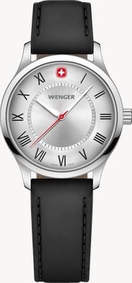 Wenger City Classic Quarz (34 mm) Silberzifferblatt / schwarzes Lederarmband 01.1421.124