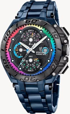 Festina Chrono Bike 2026 Special Edition (46mm) Black Dial / Stainless Steel Bracelet & Blue Rubber Strap Watch F20759/1