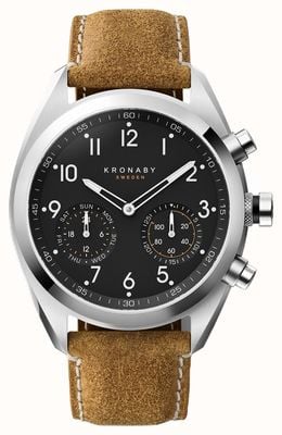 Kronaby Montre intelligente hybride Apex (43 mm) cadran noir / bracelet en cuir suédé ciré italien marron S3112/1