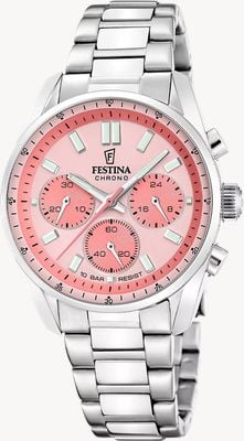 Festina Boyfriend Quarz-Chronograph (37,5 mm) korallenrosa Zifferblatt / Edelstahlarmband F20753/4