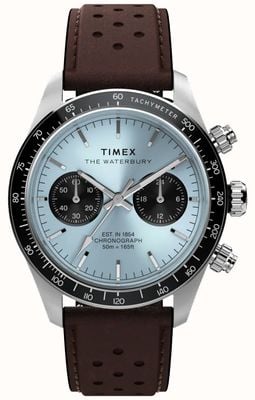 Timex Chronographe Waterbury Heritage (39 mm), cadran bleu glacier soleillé, bracelet en cuir marron TW2Y70600