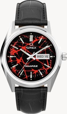 Relógio Timex Vega vermelho, reedição de 1978 (38 mm), mostrador marmorizado preto e vermelho / pulseira de couro preta. TW2Y55700