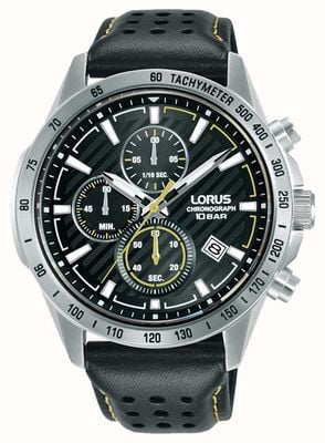 Lorus Sportowy chronograf kwarcowy 100m (43mm) czarna tarcza przeciwsłoneczna / czarna skóra RM301JX9