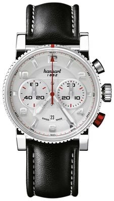 Hanhart Primus Racer Automatik-Chronograph (44 mm) silbernes Zifferblatt / schwarzes Lederarmband - m 741.220-0020