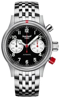 Hanhart Automatyczny chronograf Pioneer mk ii (40 mm) z tarczą w stylu odwróconej pandy / bransoletą ze stali nierdzewnej 716.211-6428