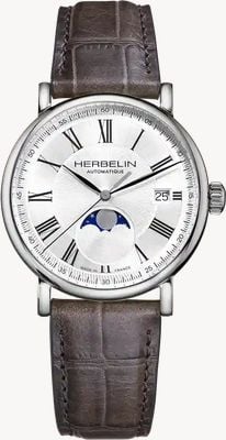 Herbelin Inspiration Moonphase automático (38 mm), esfera plateada / correa de piel gris-marrón 2847AP08GR