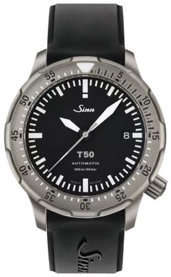 Sinn Relógio de mergulho T50 em titânio (luneta de segurança integrada) em silicone preto com fivela de pino 1052.010-PIN-BUCKLE-BLACK-SILICONE