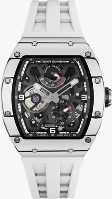 TSAR BOMBA Elemental-Serie Carbon, automatische Gangreserve (42,8 mm), schwarzes Zifferblatt/weißes FKM-Kautschukarmband TB8212CF-01