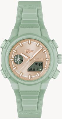 Lacoste LC33 multifuncional com display duplo (40 mm), mostrador sunray em ouro rosa / pulseira de silicone verde salva 2001433