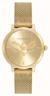 Olivia Burton Unterschrift ultraflache Biene | goldenes Zifferblatt | goldenes Mesh-Armband aus Stahl 24000022