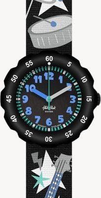 Flik Flak Montre Stage Star (34,75 mm) avec cadran noir et bracelet noir à motifs musicaux FPSP077