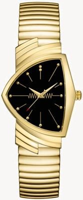 Hamilton Ventura Flex Quarz (32 mm), schwarzes Zifferblatt / goldenes PVD-Edelstahlarmband H24301131