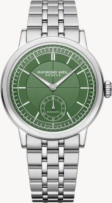 Raymond Weil Millesime automático con segundero pequeño (39,5 mm), esfera verde / brazalete de acero inoxidable 2930-ST-52001