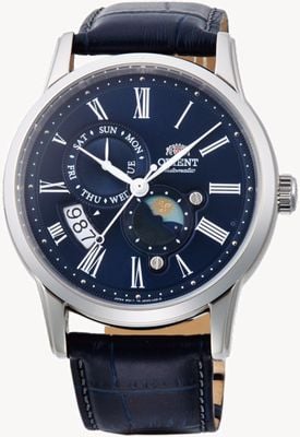Orient Sol e lua mecânico (42,5 mm) mostrador azul / couro preto RA-AK0011D30B