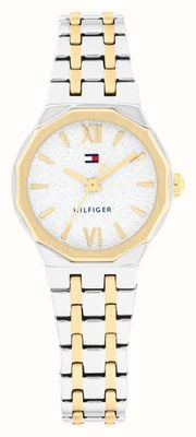 Tommy Hilfiger Mackenzie Quarzuhr mit drei Zeigern (25 mm), strukturiertes weißes Zifferblatt / zweifarbiges Edelstahlarmband 1782888