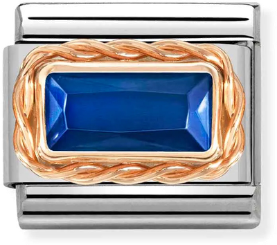 Nomination Classic FACETED BAGUETTE WITH RICH SETTING in steel and 9ct gold BLUE Charm 430604/007