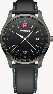 Wenger City GMT Quartz (42mm) Brushed Black Dial / Black Leather Strap 01.1442.105