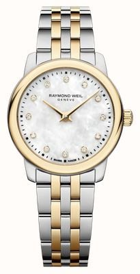 Raymond Weil Klasyczny kwarcowy zegarek Toccata z diamentami (24 mm) z tarczą z masy perłowej / dwukolorową bransoletą ze stali nierdzewnej 5024-STP-97081