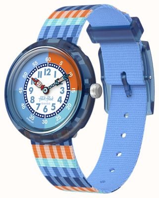 Flik Flak STRIPY STRIPES (31.85mm) White and Blue Dial / Stripe Patterned Strap FBNP243