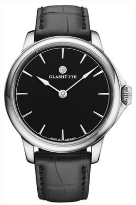 Tutima Glashütte Patria petite seconde, remontage manuel (41 mm), cadran laqué noir / bracelet en alligator noir 6612-21