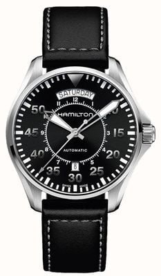 Hamilton Kaki aviation pilot day-date automatique (42 mm) cadran noir / bracelet cuir noir H64615735