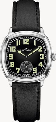 Hamilton American Classic Cushion Mechanical (34mm) Black Sunray Dial / Black Leather Strap Watch H36129730