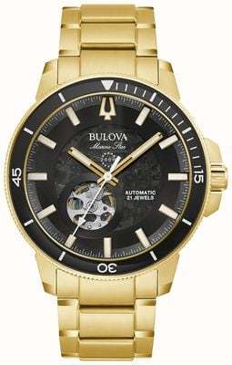 Bulova Estrela marinha masculina | automático | mostrador preto | bracelete de aço inoxidável dourado 97A174