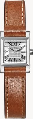 Herbelin Montre Antarès carrée à quartz (19,4 mm), cadran argenté guilloché, bracelet en veau camel baranil A17144AP01C02