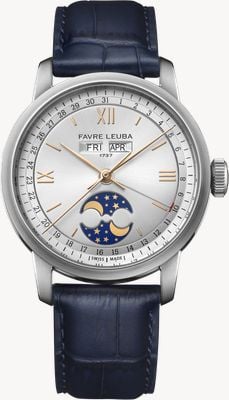 Favre Leuba 1737 Triple Calendar Moonphase Automatic (39mm) Silver Sunray-Brushed Dial / Blue Leather Strap 00.20501.108.16.105