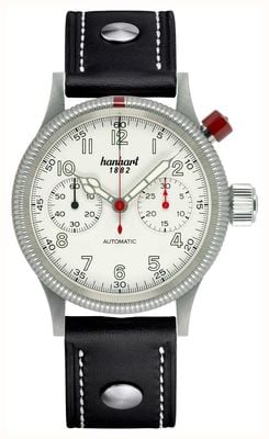 Hanhart Cronógrafo automático Pioneer mk i (40 mm) mostrador branco antigo / pulseira de couro preta com rebites - m 714.200-0010