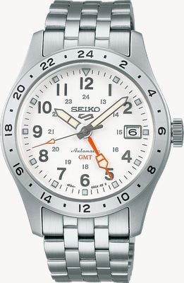 Seiko Montre 5 Sports « Overwhite » Field GMT (39,4 mm), cadran blanc / bracelet en acier inoxydable SSK059K1