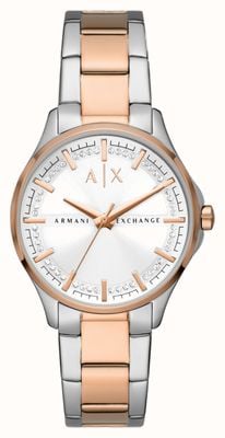 Armani Exchange Dames | wijzerplaat met witte kristallen | tweekleurige roestvrijstalen armband AX5258