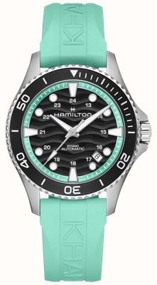 Hamilton Khaki-marineblaue Taucheruhr mit Automatikwerk (40 mm), schwarzem Wellenzifferblatt und türkisfarbenem Kautschukarmband H82415331