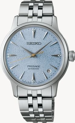 Seiko Presage „Frozen Skydiving“ Diamond Cocktail Time (34 mm) hellblaues Zifferblatt / Edelstahlarmband SRPL61J1