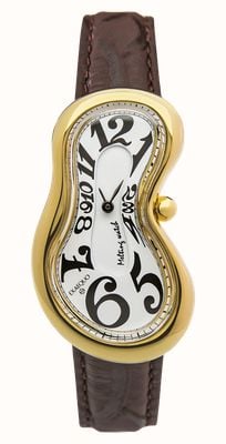 Exaequo Melting Watch Klassische Corsivo-Zahlen aus PVD-Gelbgold „One of 301“ (28 mm), weißes Zifferblatt / braunes Lederarmband EX 0002.0052