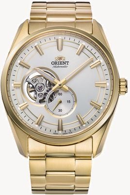 Orient Moderne (40,8 mm) witte wijzerplaat / gouden roestvrijstalen armband RA-AR0007S30B