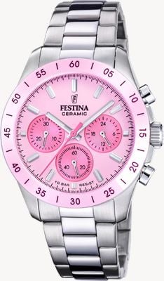 Festina Keramik-Chronograph (39 mm) rosa Zifferblatt / Edelstahlarmband F20693/2
