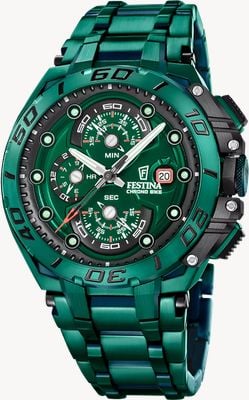 Festina Chrono Bike 2026 Special Edition (46mm) Green Dial / Stainless Steel Bracelet & Black Rubber Strap Watch F20758/1