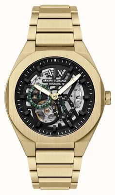 Armani Exchange Mechanisches Skelett-Zifferblatt (44 mm) mit schwarzem Skelett-Zifferblatt / Armband aus goldfarbenem PVD-beschichtetem Edelstahl AX4194