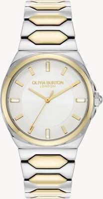 Olivia Burton Damenuhr mit Lüster (34 mm), silbernes Zifferblatt, zweifarbiges Edelstahlarmband 24000203