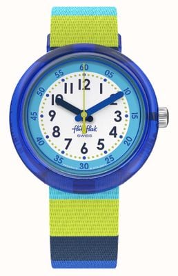 Flik Flak Mostrador listrado azul azul e branco / pulseira de tecido listrado verde e azul FPNP112