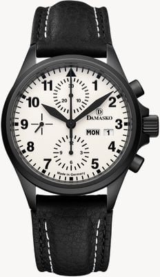 Damasko DC57 DAMEST Chronograph TOP Automatic (40mm) Luminova C1 White Dial / Black Leather Strap Watch DC57-BLACK BLACK LEATHER