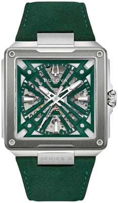 Bulova Series X Automatik (41mm) grünes Skelett-Zifferblatt / grünes Wildlederarmband 98A343