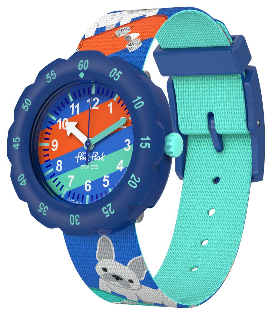 Flik Flak Skating Frenchie (34,75 mm) cadran bleu Ã  montre
