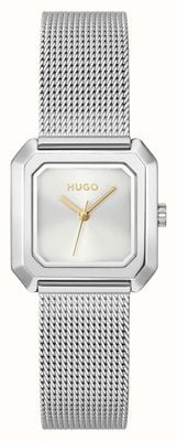 HUGO Relógio de quartzo #hazel com três ponteiros (24 mm), mostrador prateado e pulseira de malha de aço inoxidável. 1540183