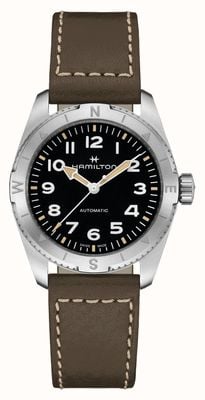 Hamilton 卡其色野外探险自动腕表（37毫米）黑色表盘/绿色皮表带 H70225830
