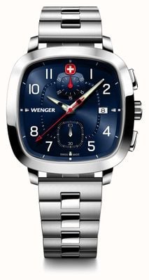 Wenger Cronografo sportivo vintage da uomo (40 mm) quadrante blu/bracciale in acciaio inossidabile 01.1933.111