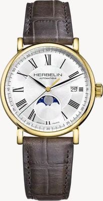 Herbelin Inspiration Moonphase automático (38 mm), esfera plateada / correa de piel gris-marrón 2847P08GR